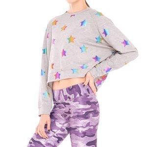 Terez Rainbow Star foil Heather Grey crew sweatshirt M